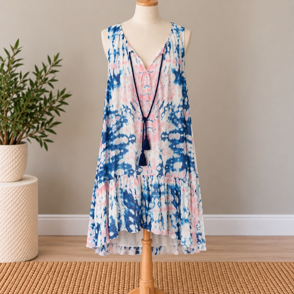 Sundance Dress Blue Pink Tie Dye Tassel V-Neck Sleeveless Ruffle Hem Sz Large